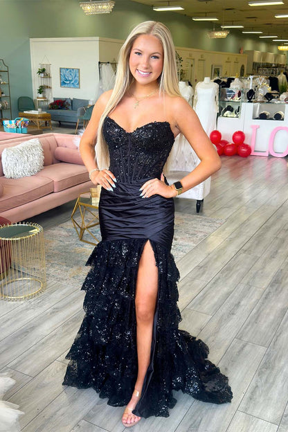 Strapless Slit Prom Dress with Ruffle Skirt