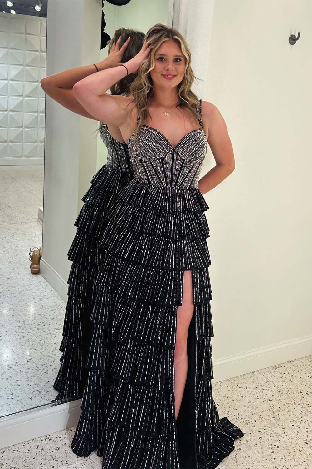 Black Beaded Ruffle Prom Dress with Slit