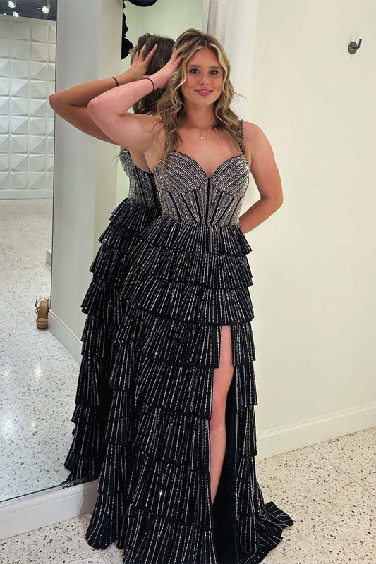 Black Beaded Ruffle Prom Dress with Slit