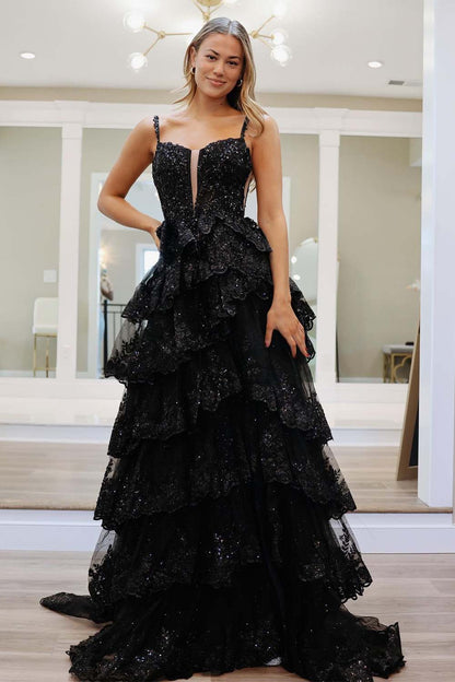 Tiered Ruffle Long Prom Gown with Slit