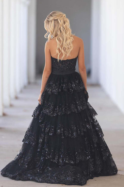 Strapless Corset Ruffle Sequin Prom Dress with Bow