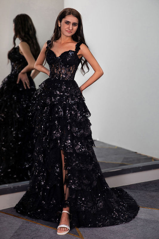 Ruffle Tiered Prom Dress with Sequin