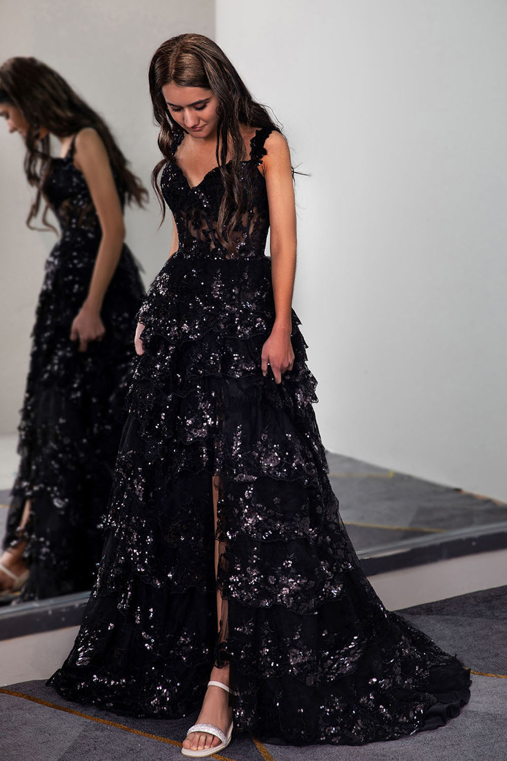 Ruffle Tiered Prom Dress with Sequin