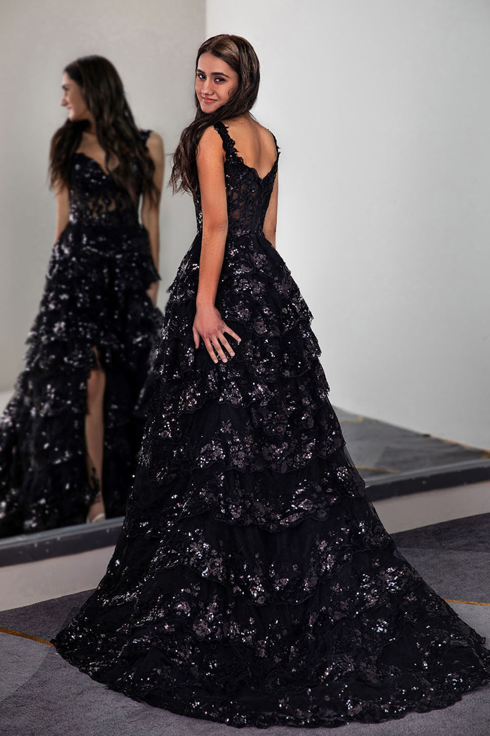 Ruffle Tiered Prom Dress with Sequin