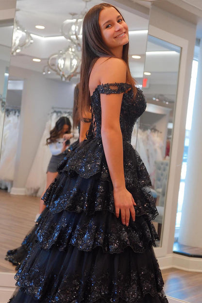 Ruffle Black Senior Prom Dress