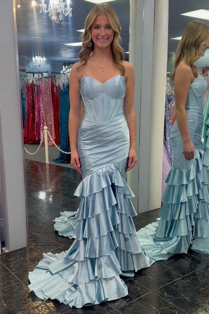 Sheath Strapless Satin Prom Dress with Ruffle Hem