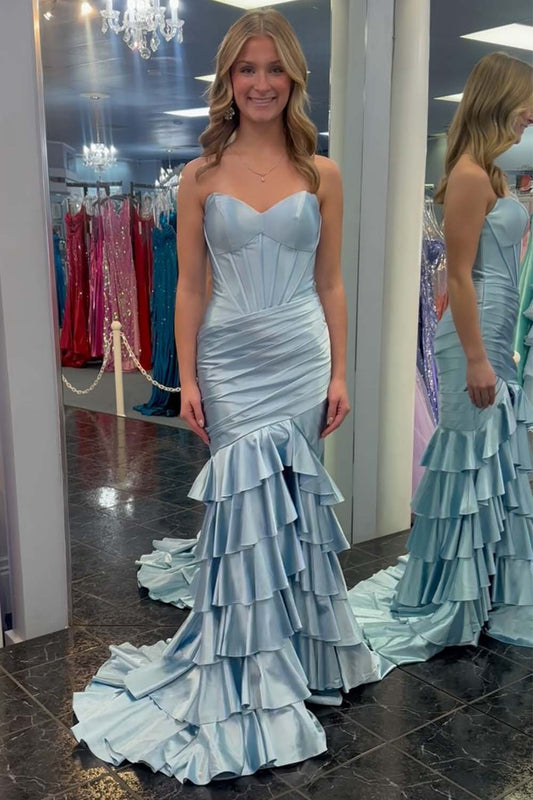 Sheath Strapless Satin Prom Dress with Ruffle Hem
