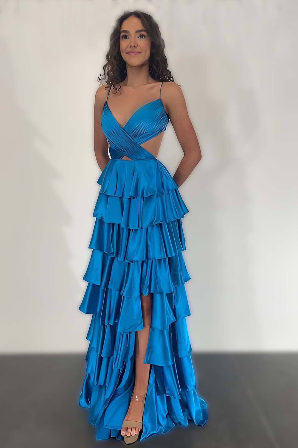Ruffle Slit Prom Dress with Open Back