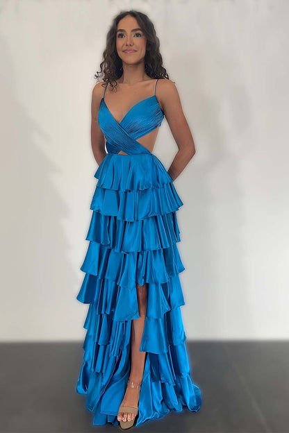 Ruffle Slit Prom Dress with Open Back