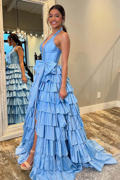 A-Line Tiered Corset Slit Prom Gown with Bow
