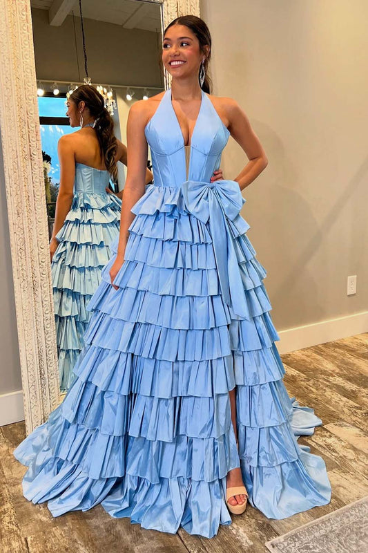 A-Line Tiered Corset Slit Prom Gown with Bow