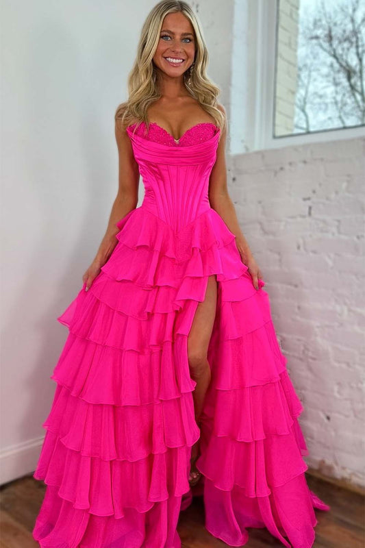 Strapless Satin Corset Prom Dress with Chiffon Ruffle Skirt