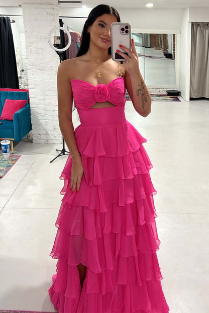 Strapless Tiered Prom Gown with Flower