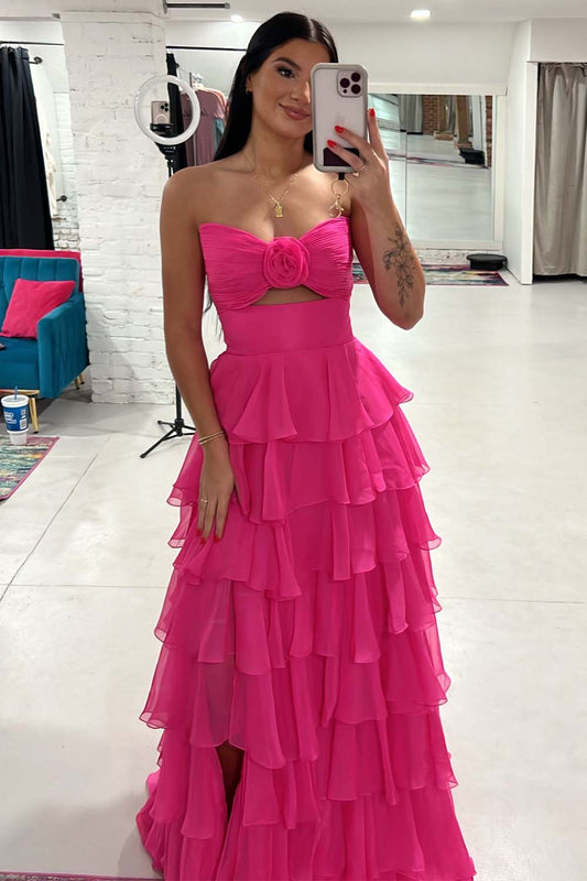 Strapless Tiered Prom Gown with Flower