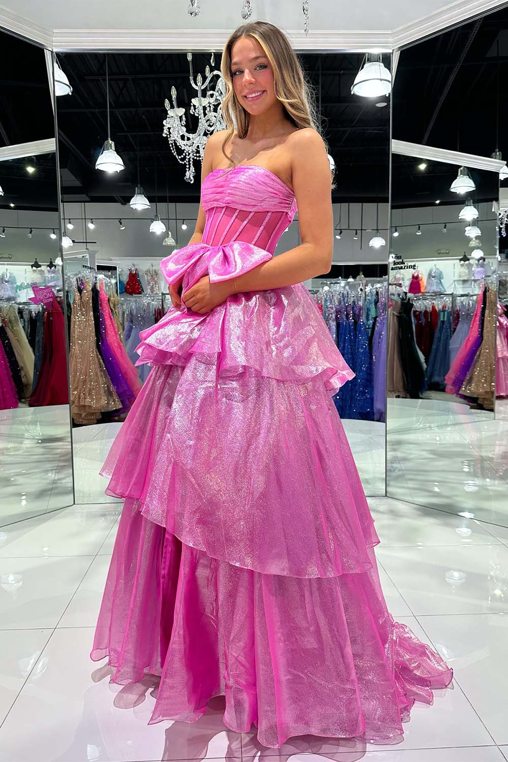 Sheer Corset Bodice Ruffle Prom Dress with Slit
