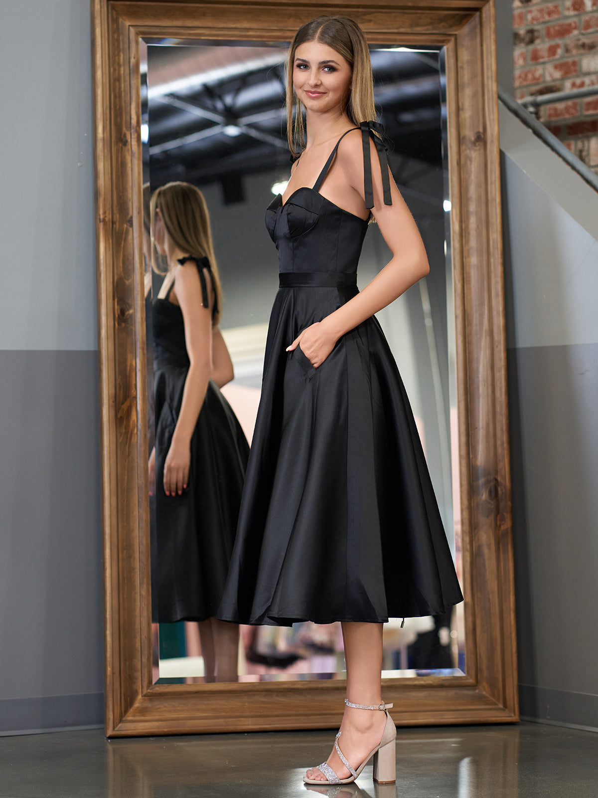 Black A line Sweetheart Satin Tea Length Homecoming Dress