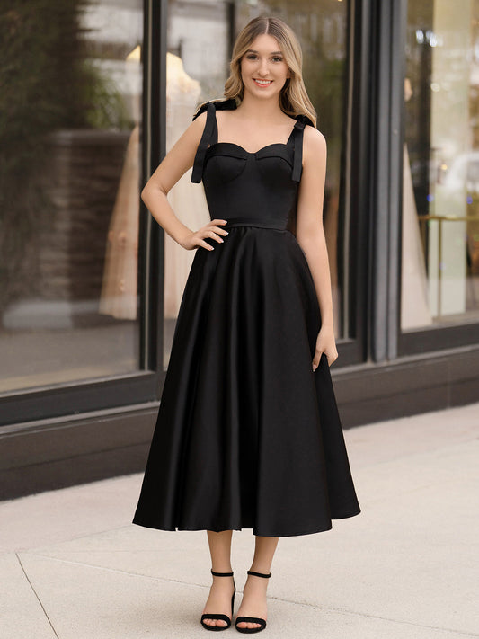 Black A line Sweetheart Satin Tea Length Homecoming Dress