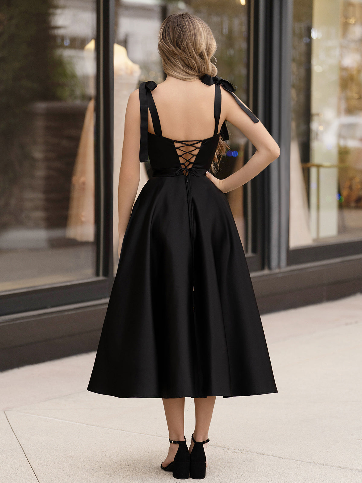 Black A line Sweetheart Satin Tea Length Homecoming Dress