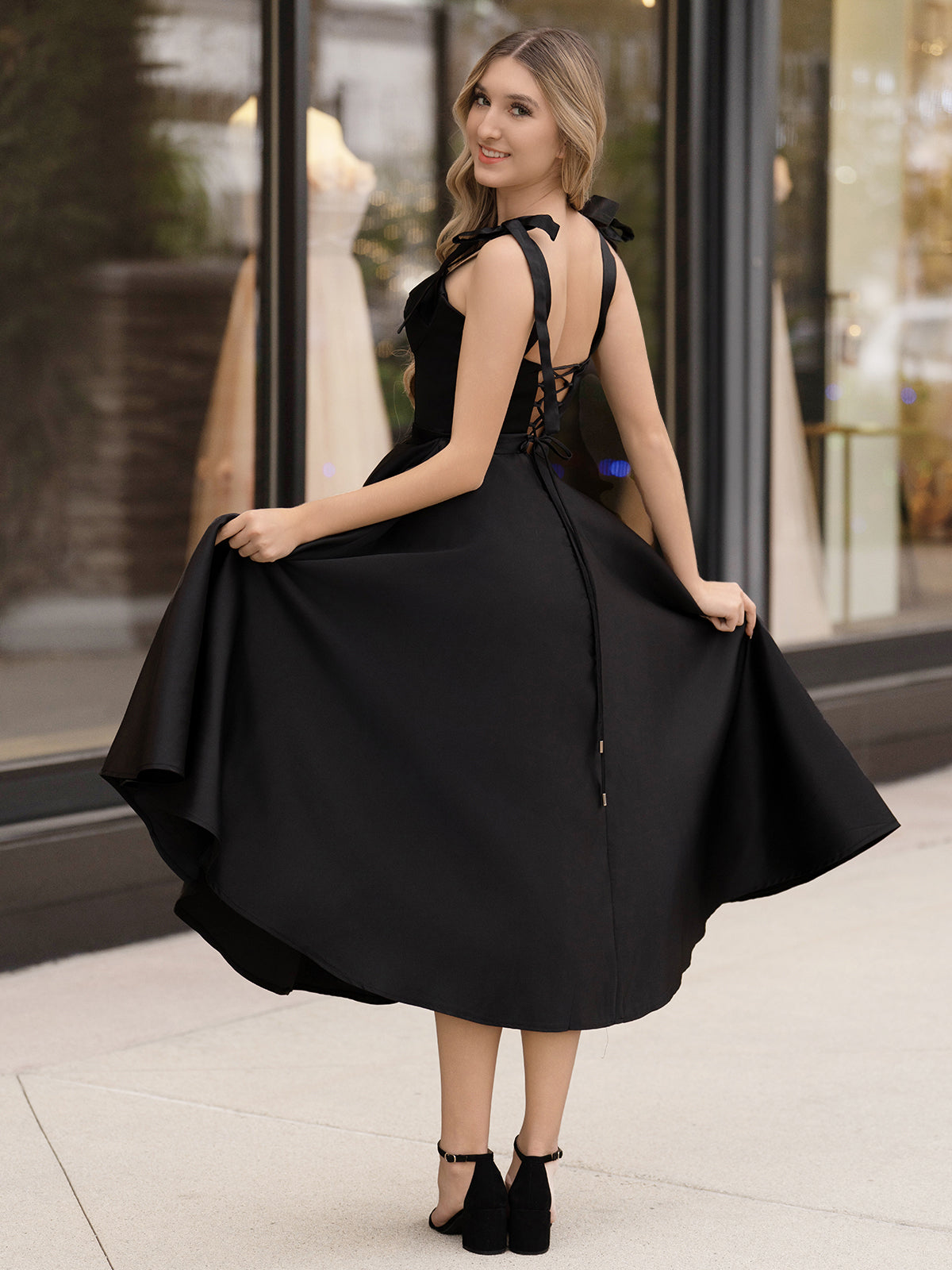 Black A line Sweetheart Satin Tea Length Homecoming Dress
