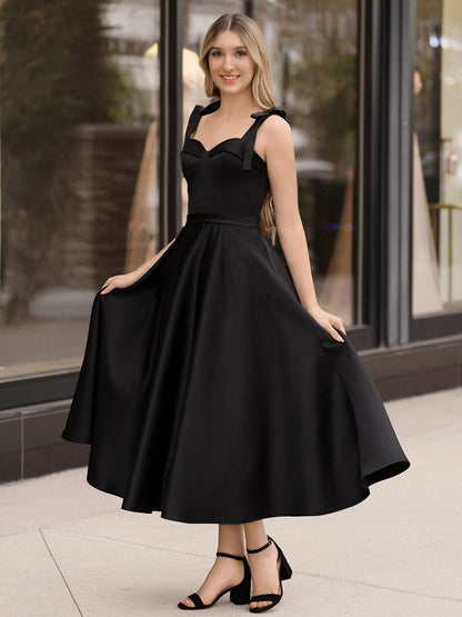 Black A line Sweetheart Satin Tea Length Homecoming Dress