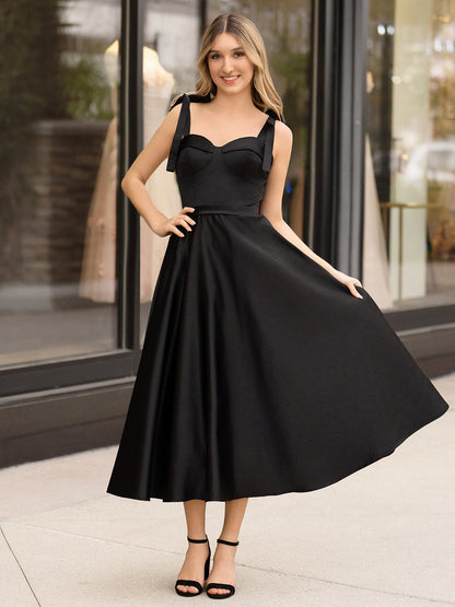 Black A line Sweetheart Satin Tea Length Homecoming Dress