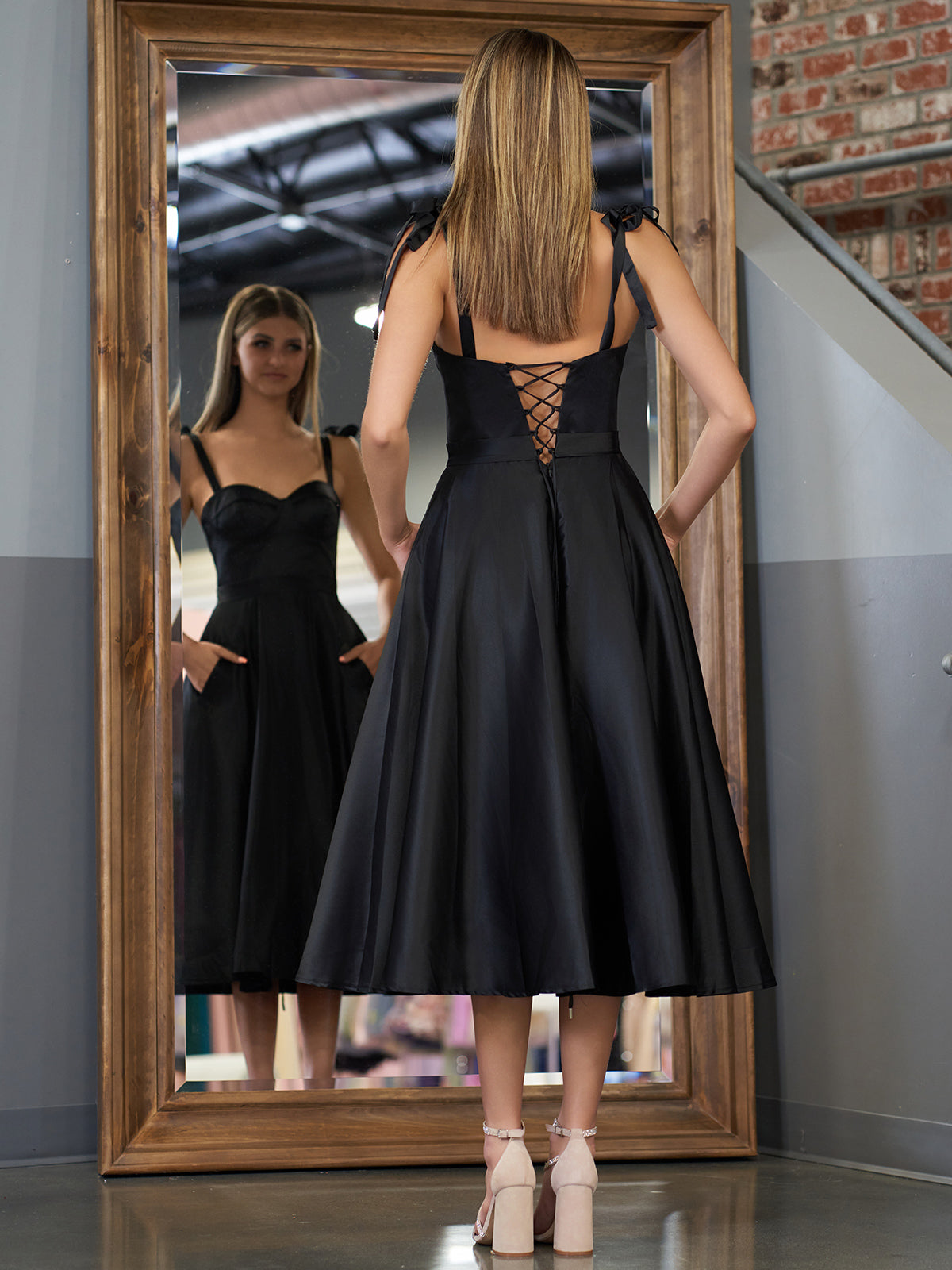 Black A line Sweetheart Satin Tea Length Homecoming Dress