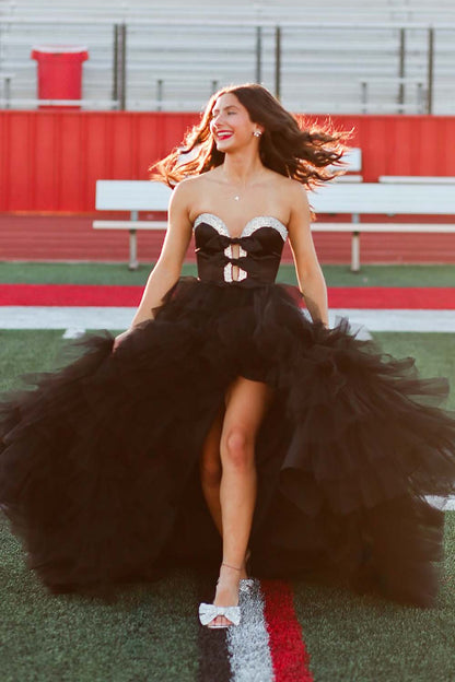 Black Strapless Tiered Prom Gown with Slit