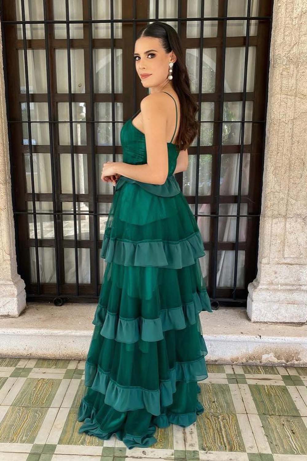 Dark Green Tiered Prom Gown