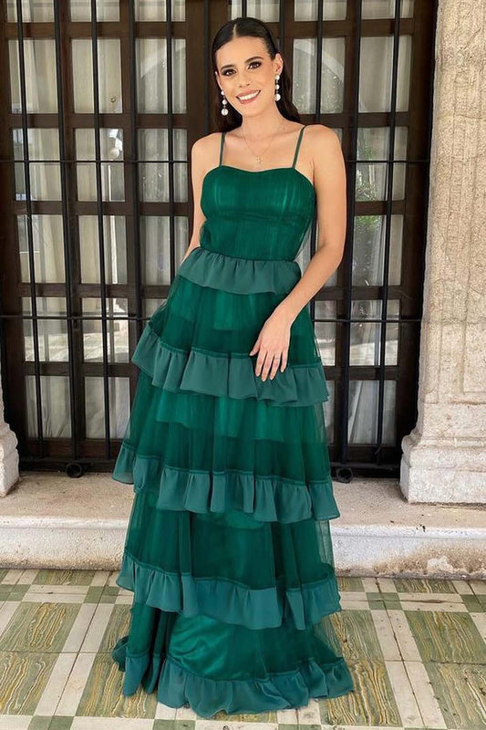 Dark Green Tiered Prom Gown