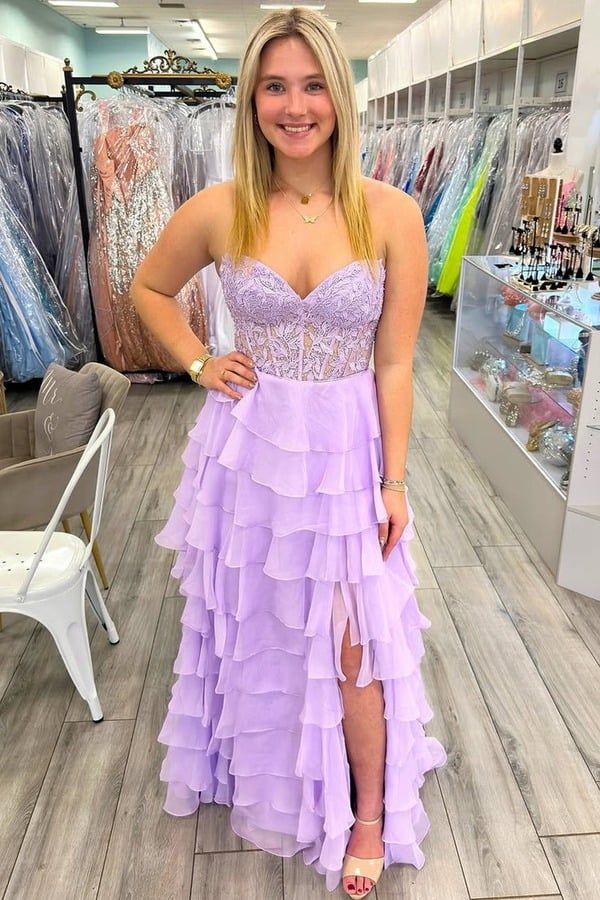 Sweetheart Strapless A-Line Appliques Tiered Party Prom Dress