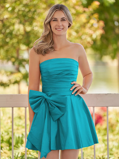 Royal Blue A-Line Strapless Pleated Party Dress with Bow
