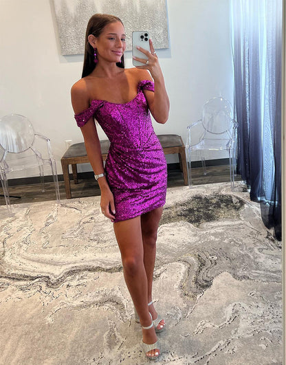 Dark Green Sheath Off the Shoulder Sequin Homecoming Dress