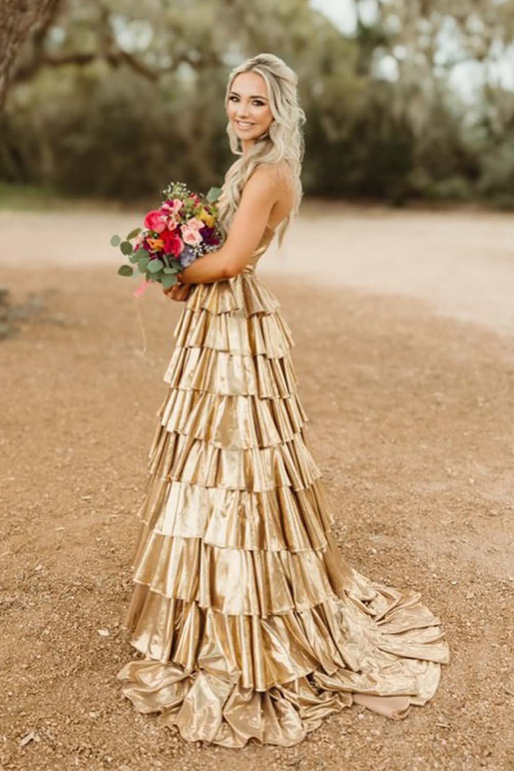 Sweetheart Long Gold Ruffle Prom Dress