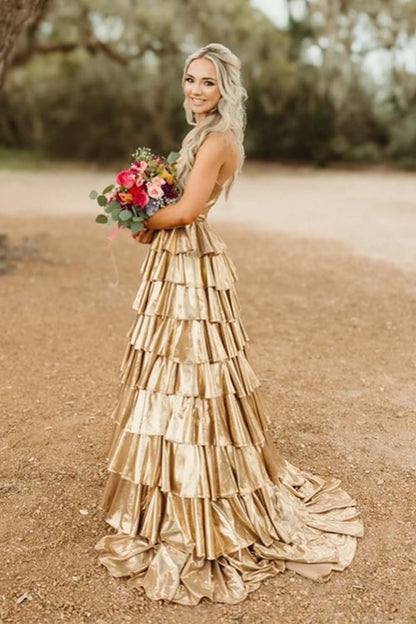 Sweetheart Long Gold Ruffle Prom Dress