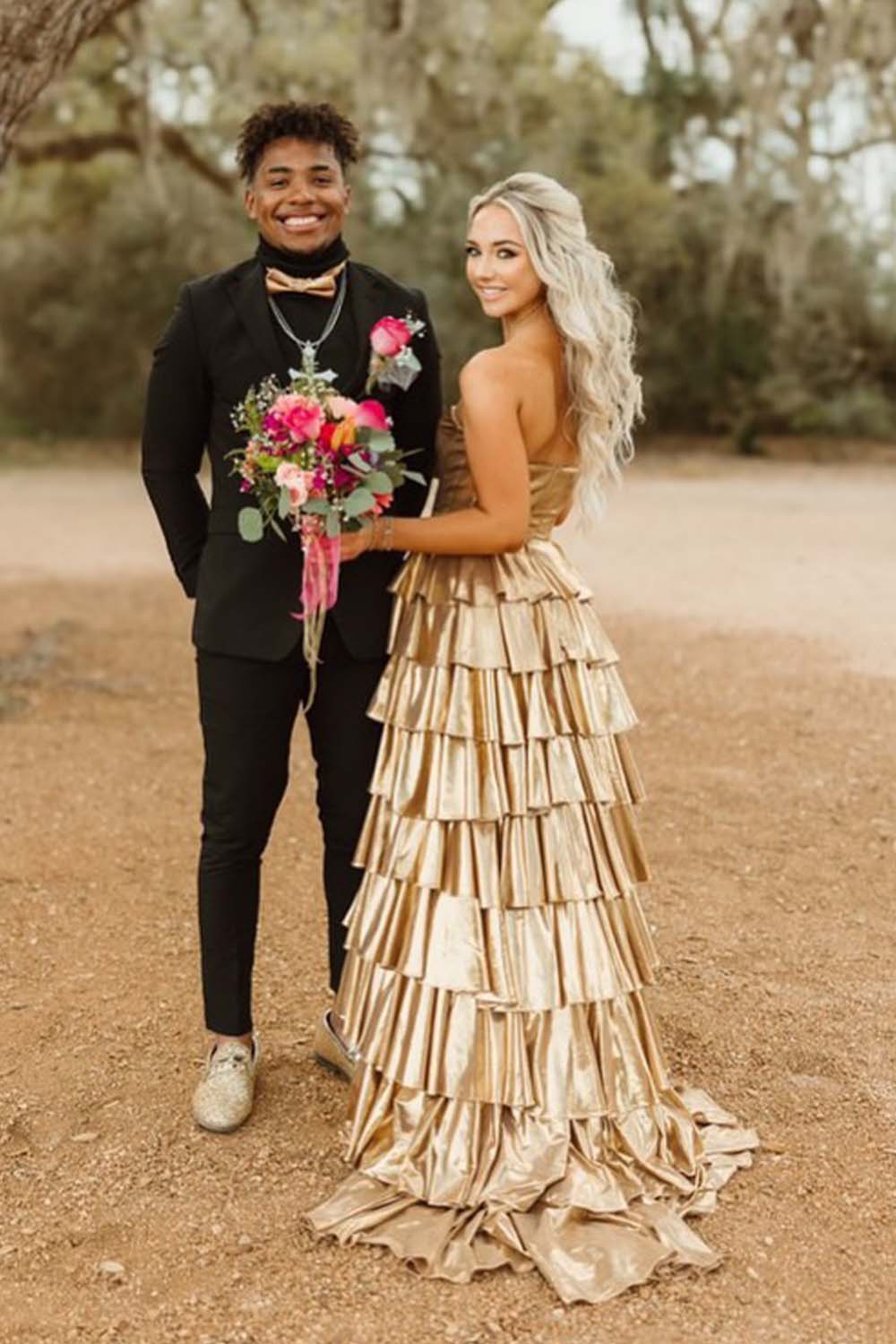 Sweetheart Long Gold Ruffle Prom Dress