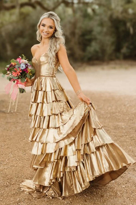 Sweetheart Long Gold Ruffle Prom Dress