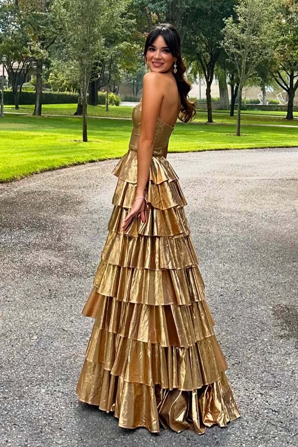 Sweetheart Long Gold Ruffle Prom Dress