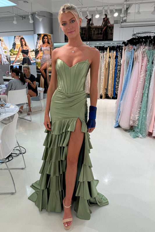 Strapless Corset Bodice Slit Prom Dress with Ruffle