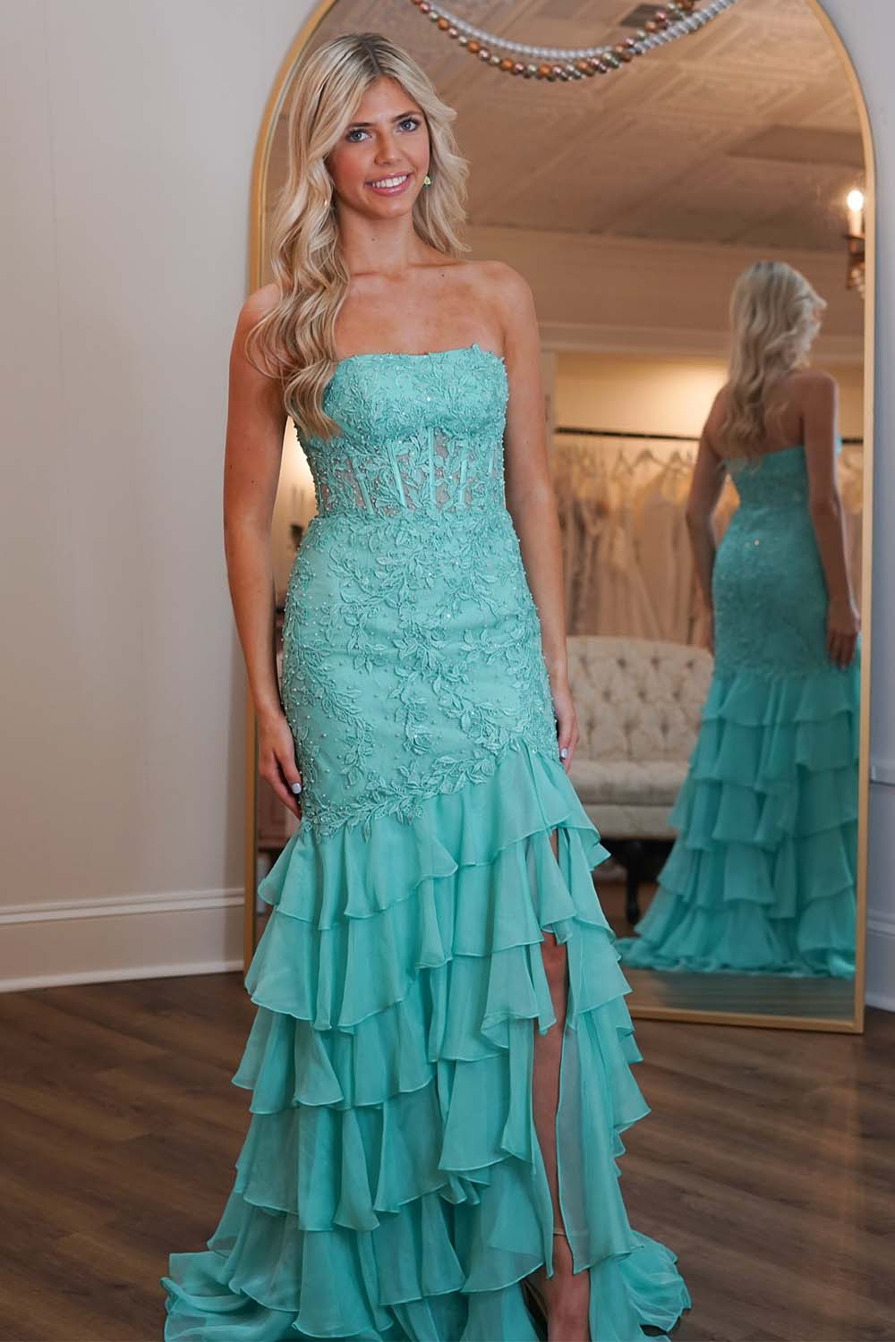 Strapless Lace Corset Prom Dress with Ruffle Skirt
