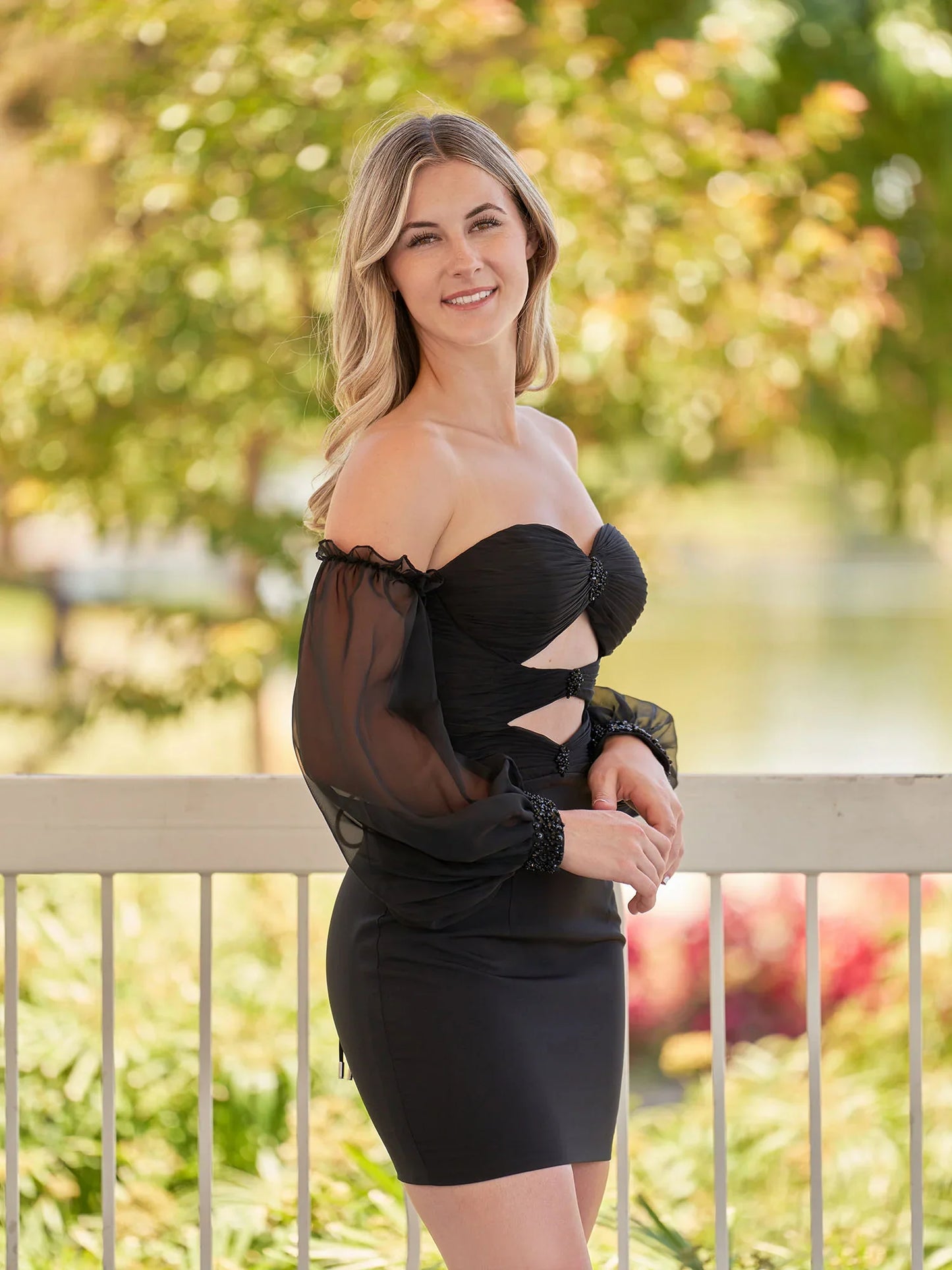 Black Off-the-Shoulder Keyhole Short Party Dress with Balloon Sleeves
