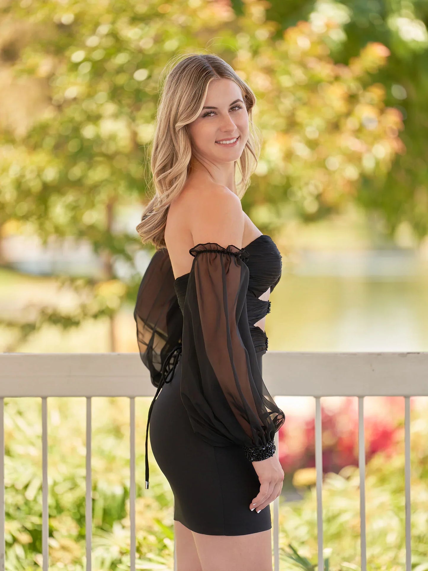 Black Off-the-Shoulder Keyhole Short Party Dress with Balloon Sleeves
