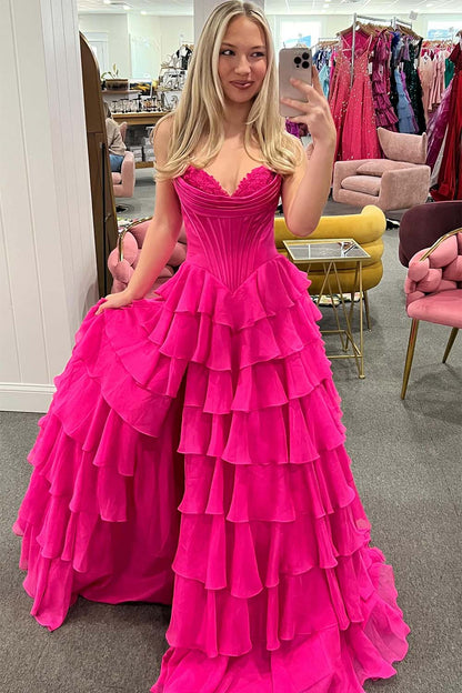 Strapless Corset Bodice Tiered Ruffle Prom Dress with Slit