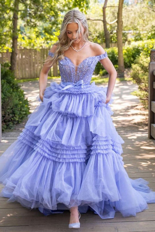 Off the Shoulder Prom Gown with Tulle Ruffle Skirt