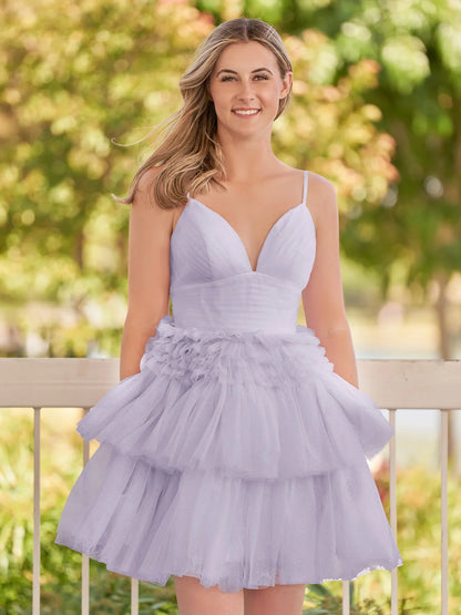 Pink A-Line Deep V Neck Tulle Tiered Homecoming Dresses