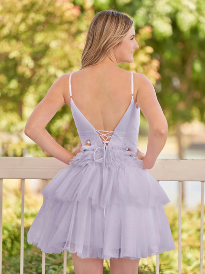 Pink A-Line Deep V Neck Tulle Tiered Homecoming Dresses