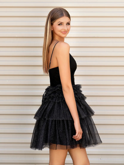 Pink A-Line Deep V Neck Tulle Tiered Homecoming Dresses