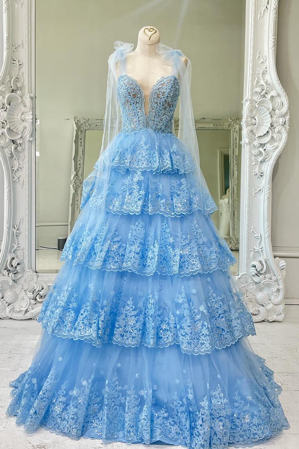 Light Blue Embroidery Ruffle Prom Dress