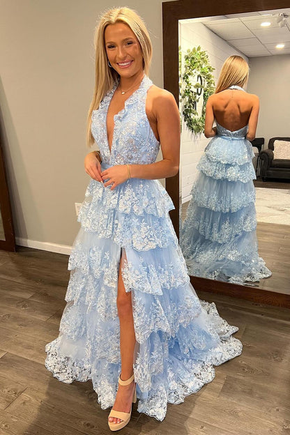 Halter Backless Light Blue Ruffle Prom Dress
