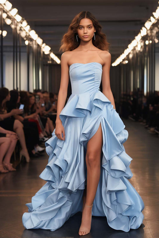 Blue Strapless Ruffle Prom Gown with Slit