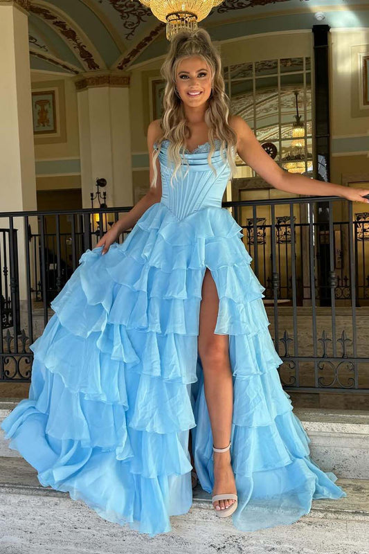 Strapless Corset Bodice Tiered Ruffle Prom Dress with Slit